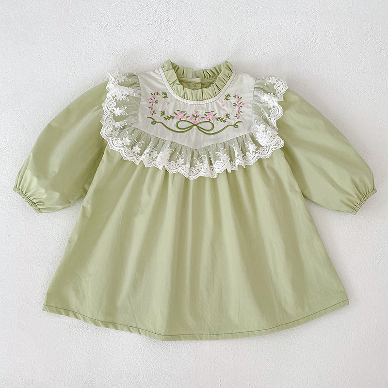 Spring New Girls' Dress with Lace Collar and Floral Embroidery, Sweet Princess Dress for Children