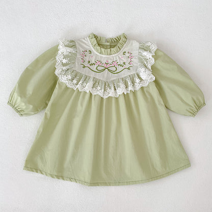 Spring New Girls' Dress with Lace Collar and Floral Embroidery, Sweet Princess Dress for Children