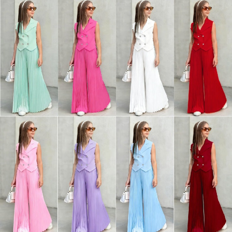 New Arrival Girls' Suit Set - Sleeveless Blouse + Wide Leg Pleated Pants Children's Outfit