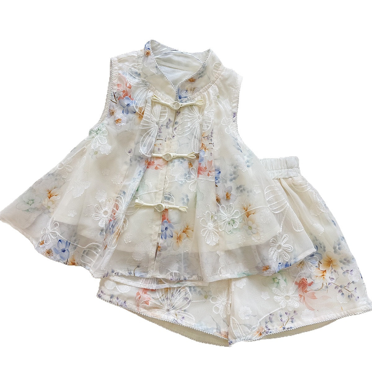 Chic New  Floral Tank Top and Shorts Set for Girls, Fashionable National Style Two-Piece Outfit