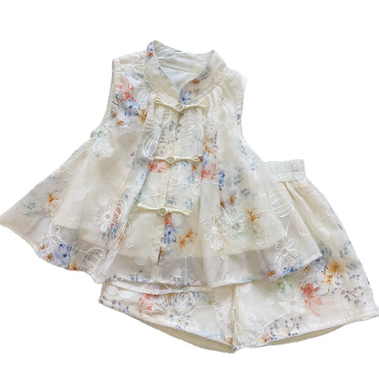 Chic New  Floral Tank Top and Shorts Set for Girls, Fashionable National Style Two-Piece Outfit