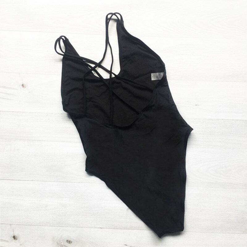 CHAMPAGNE CAMPAIGN Cross Back Swimwear Women One Piece Swimsuit Sexy Bodysuit Summer Bathing Suit maillot de bain femme Black