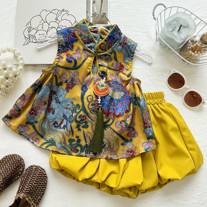 ChicTwo-Piece Set for Girls Summer Embroidered Jacquard Vest and Bubble Shorts Set