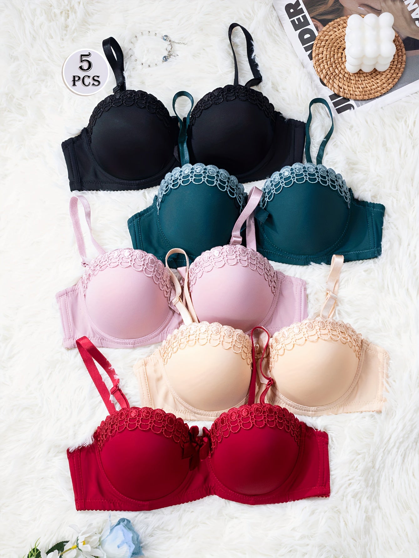 5pcs Lingerie Set with Butterfly, Underwire Bra and Panties, Non-Slip Fashion Sexy Women's Underwear