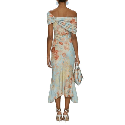 Digital Print Off-Shoulder Short Sleeve Floral Elegant Long Dress