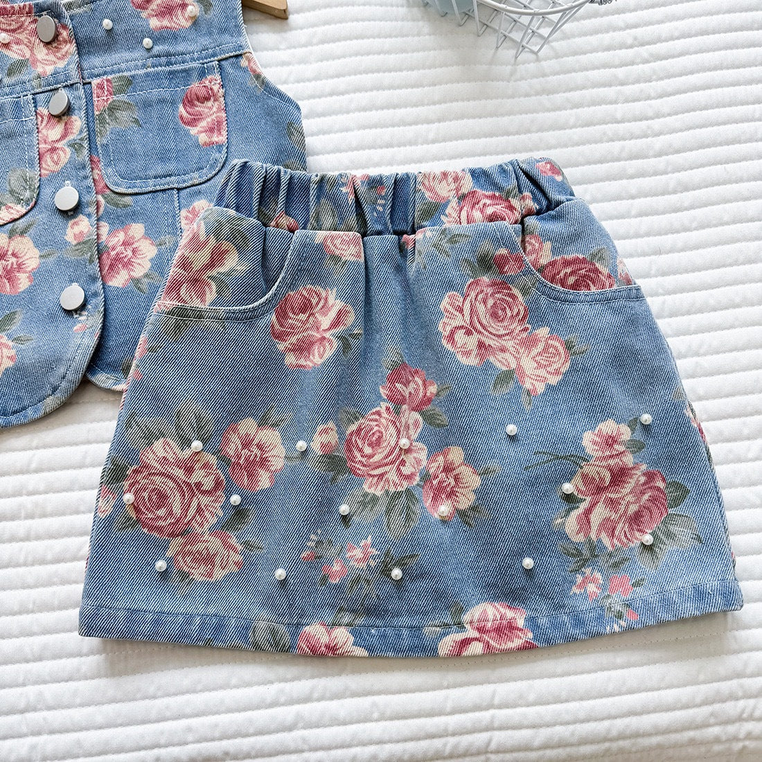 Casual Printed Sleeveless Beaded Denim A-line Skirt Two-Piece Set for Girls