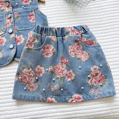 Casual Printed Sleeveless Beaded Denim A-line Skirt Two-Piece Set for Girls