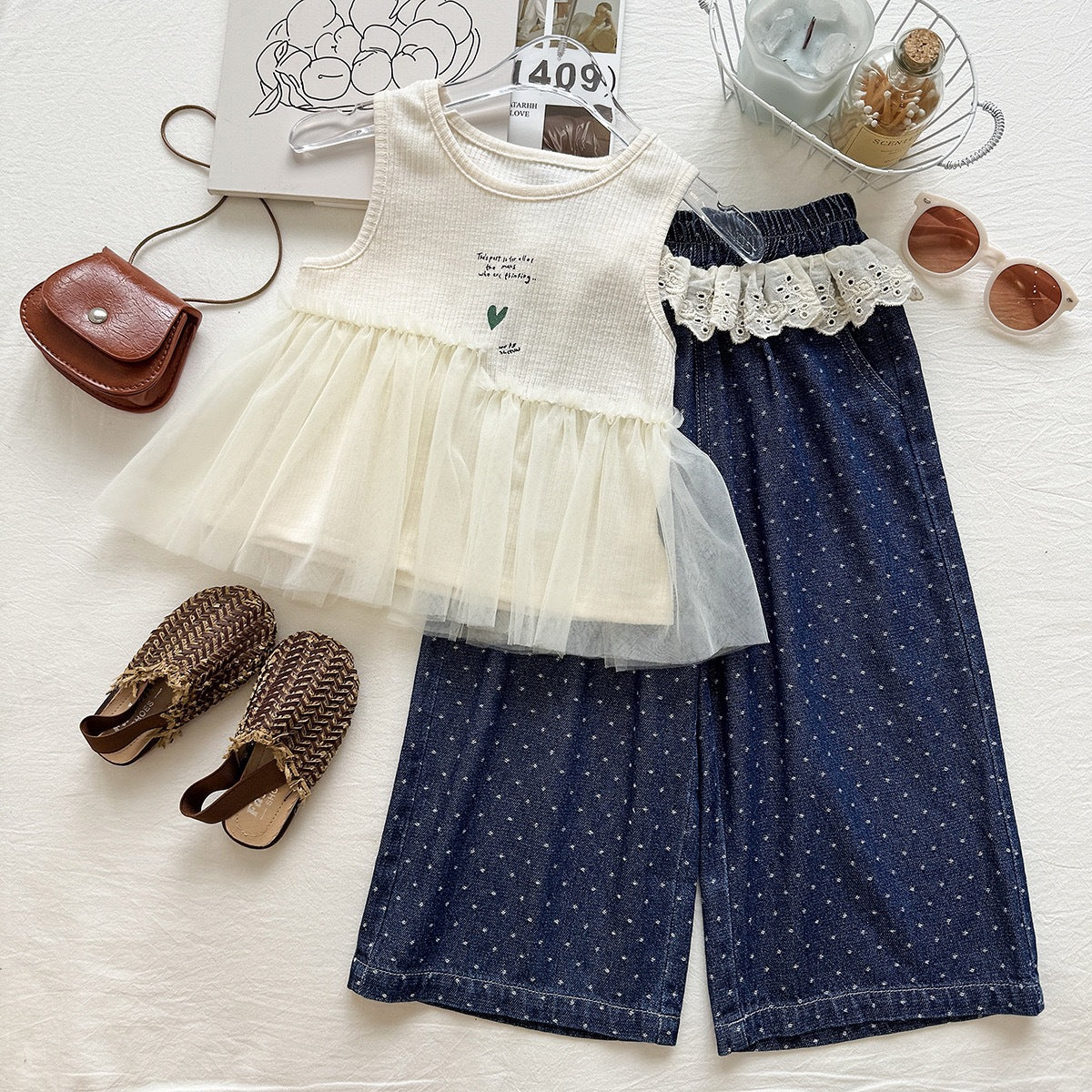 Summer Girls' Outfit Set  Letter Print Mesh Tank Top Polka Dot Wide Leg Pants Two-Piece Set