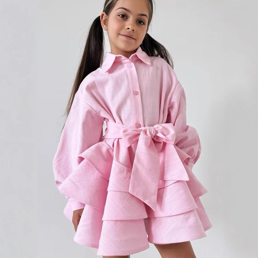 Ins Russian Girl Linen Fashion Ruffle Princess Dress JK Belted Elegant Turn-down Collar Dress