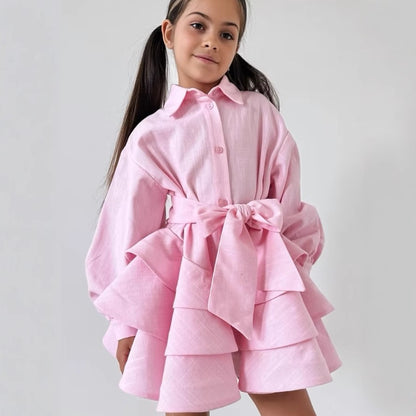 Ins Russian Girl Linen Fashion Ruffle Princess Dress JK Belted Elegant Turn-down Collar Dress