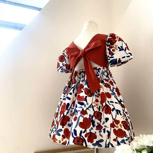 Children's Summer Girl Short Sleeve Dress with Backless Bow and Puff SleevesOil Painting Vintage Style Dress