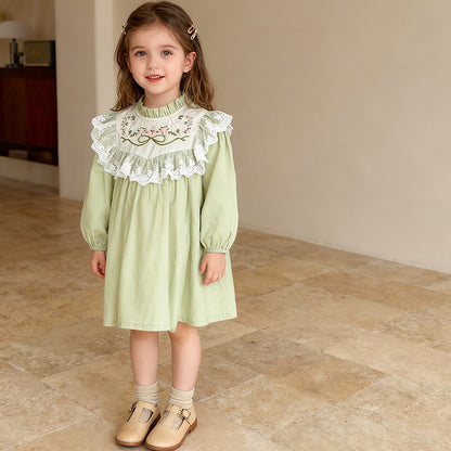 Spring New Girls' Dress with Lace Collar and Floral Embroidery, Sweet Princess Dress for Children