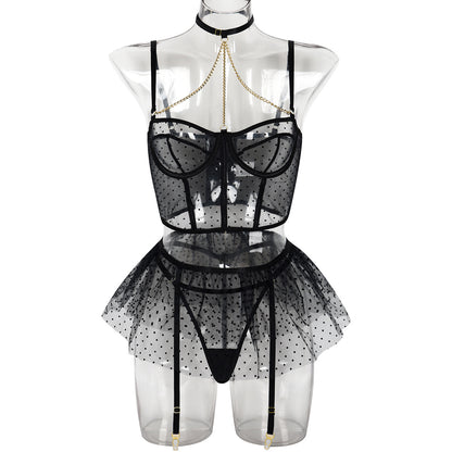 European and American Cross-border E-commerce Polka Dot Lingerie Three-piece Set Close-fitting Sexy Chain with Steel Ring Transparent Women's Underwear