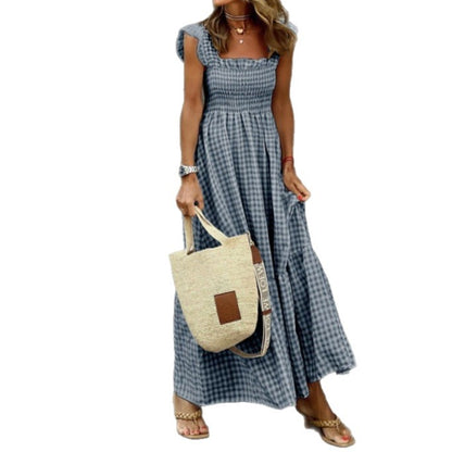 Robe à bretelles patchwork à carreaux chic pour femme, avec taille élastiquée et coupe évasée
