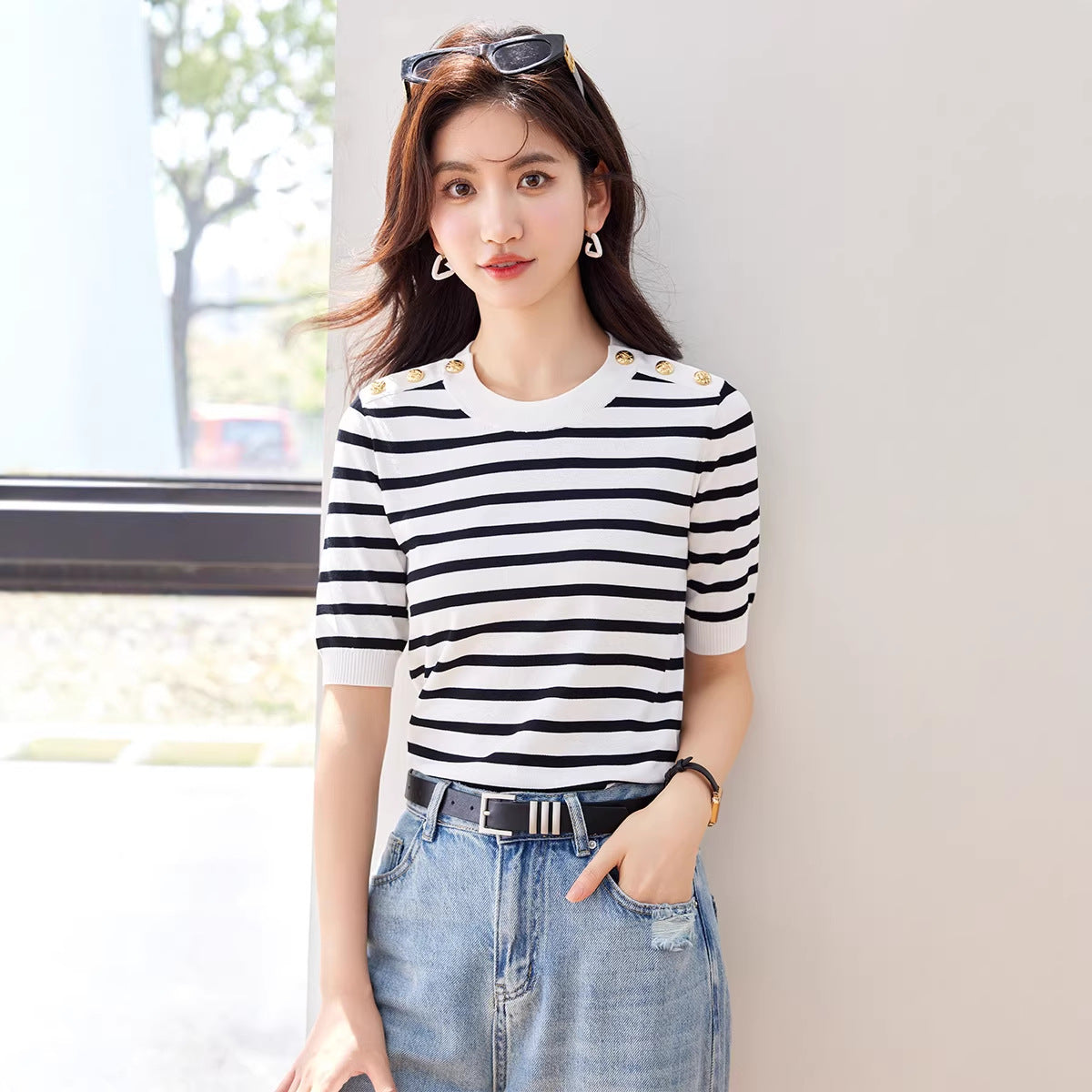 Striped T-Shirt Short Sleeve Women's Summer Fashion E Fitted Versatile High-End Top