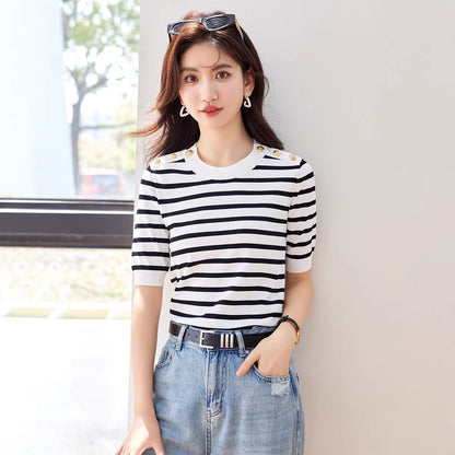 Striped T-Shirt Short Sleeve Women's Summer Fashion E Fitted Versatile High-End Top