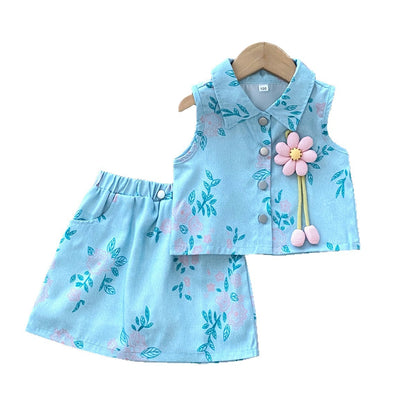 Cute Floral Print Set for Girls, Collarless Vest and Short Skirt Two-Piece Outfit, Summer Fashion Style