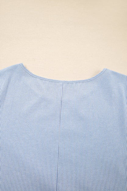 Sky Blue Stripe Crisscross Lace Detail Mixed Striped Patchwork Plus Size Shift Long Dress