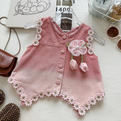 Summer Girls' Set Floral Denim Vest with Ruffled Shorts Casual Two-Piece Outfit