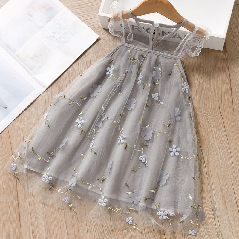 Embroidered Lace Tulle Dress for Girls Summer Fashion Charming Princess Dress with Delicate Embroidery and Layered Tulle Skirt