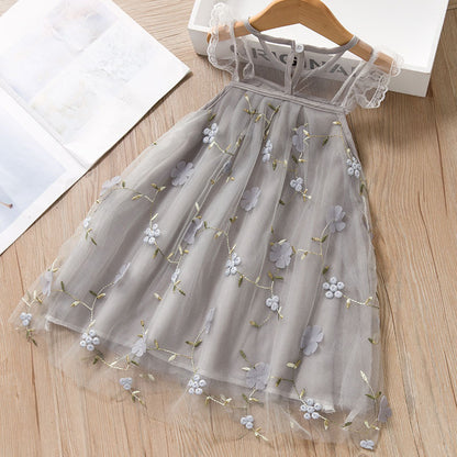 Embroidered Lace Tulle Dress for Girls Summer Fashion Charming Princess Dress with Delicate Embroidery and Layered Tulle Skirt