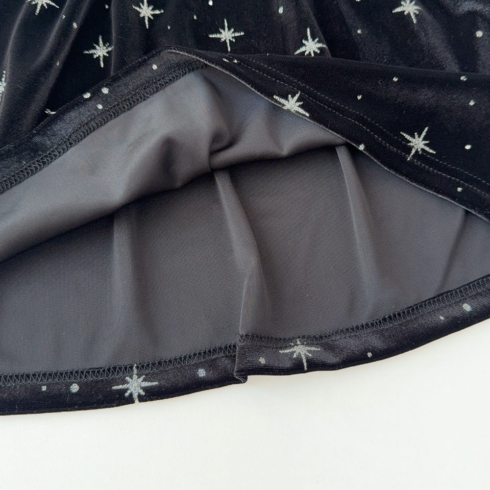 Clothing  Elegant Velvet Long Sleeve Dress with Glitter Star Print, Turn-Down Collar Princess Cut, Children's Formal Dress