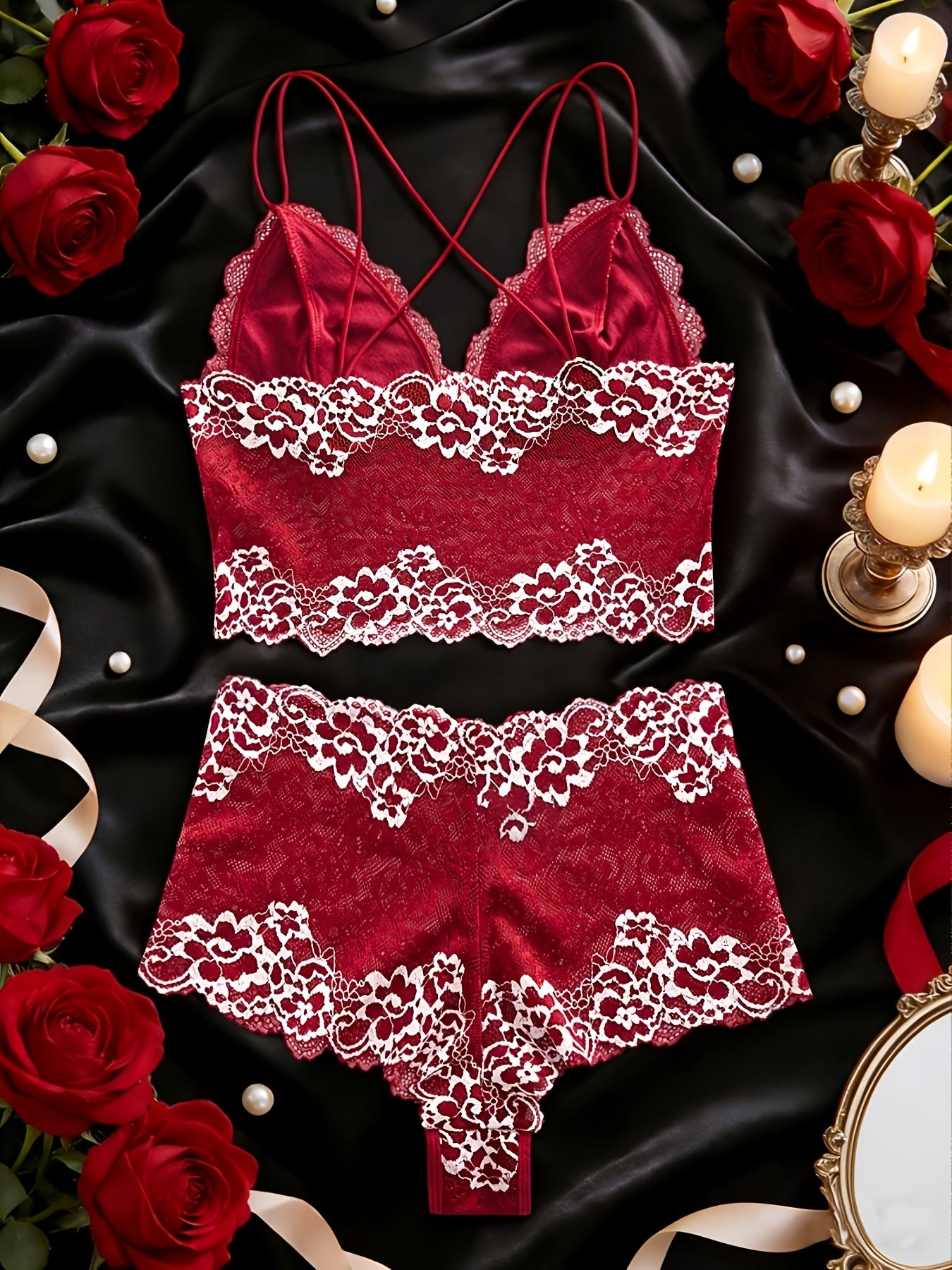 Two-Tone Floral Lace Bra Set, V-Neck Bodycon Hollow-Out Top and Panties, Women's Daily Comfort Underwear