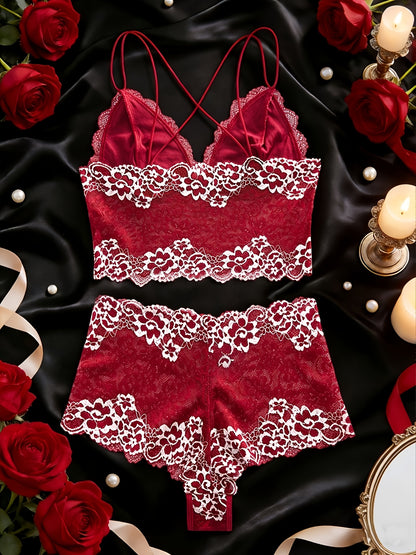 Two-Tone Floral Lace Bra Set, V-Neck Bodycon Hollow-Out Top and Panties, Women's Daily Comfort Underwear