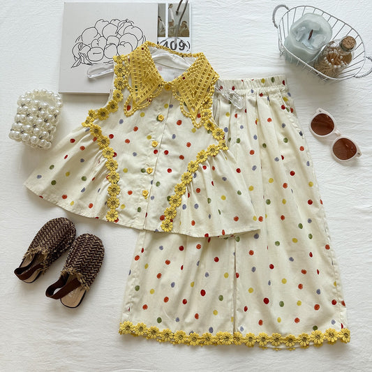Summer Girls' Set Colorful Polka Dot Sleeveless Top Ruffled Wide-Leg Pants Stylish Two-Piece Outfit
