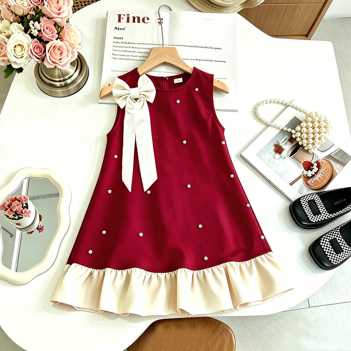Charming Butterfly Knot Sleeveless Dress for Girls, Elegant Chic Style with Sparkling Rhinestones, Princess Dress, Summer Fashion Mini Dress