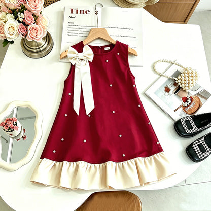 Charming Butterfly Knot Sleeveless Dress for Girls, Elegant Chic Style with Sparkling Rhinestones, Princess Dress, Summer Fashion Mini Dress