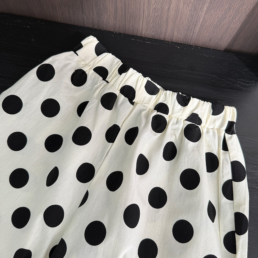 Cute Girl's Summer Outfit Set with Polka Dot Print, Sweet Flutter Sleeve Top and Ruffled Long Pants Two-Piece Set