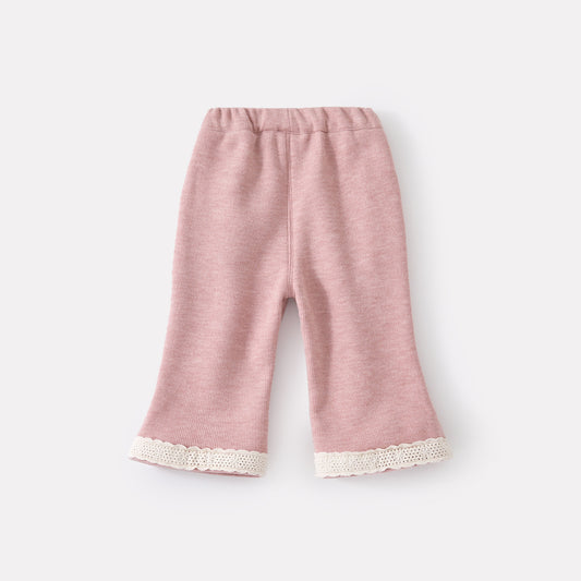 Pantalon évasé à bordure en dentelle, doublé polaire, patchwork épais de couleur unie