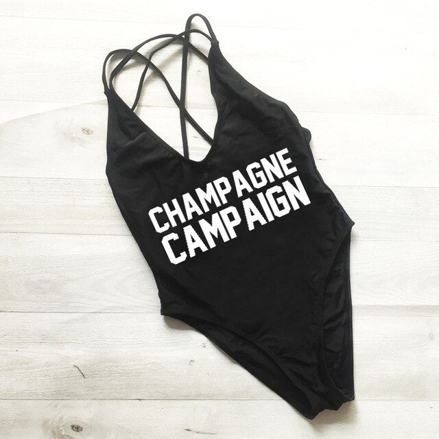 CHAMPAGNE CAMPAIGN Cross Back Swimwear Women One Piece Swimsuit Sexy Bodysuit Summer Bathing Suit maillot de bain femme Black