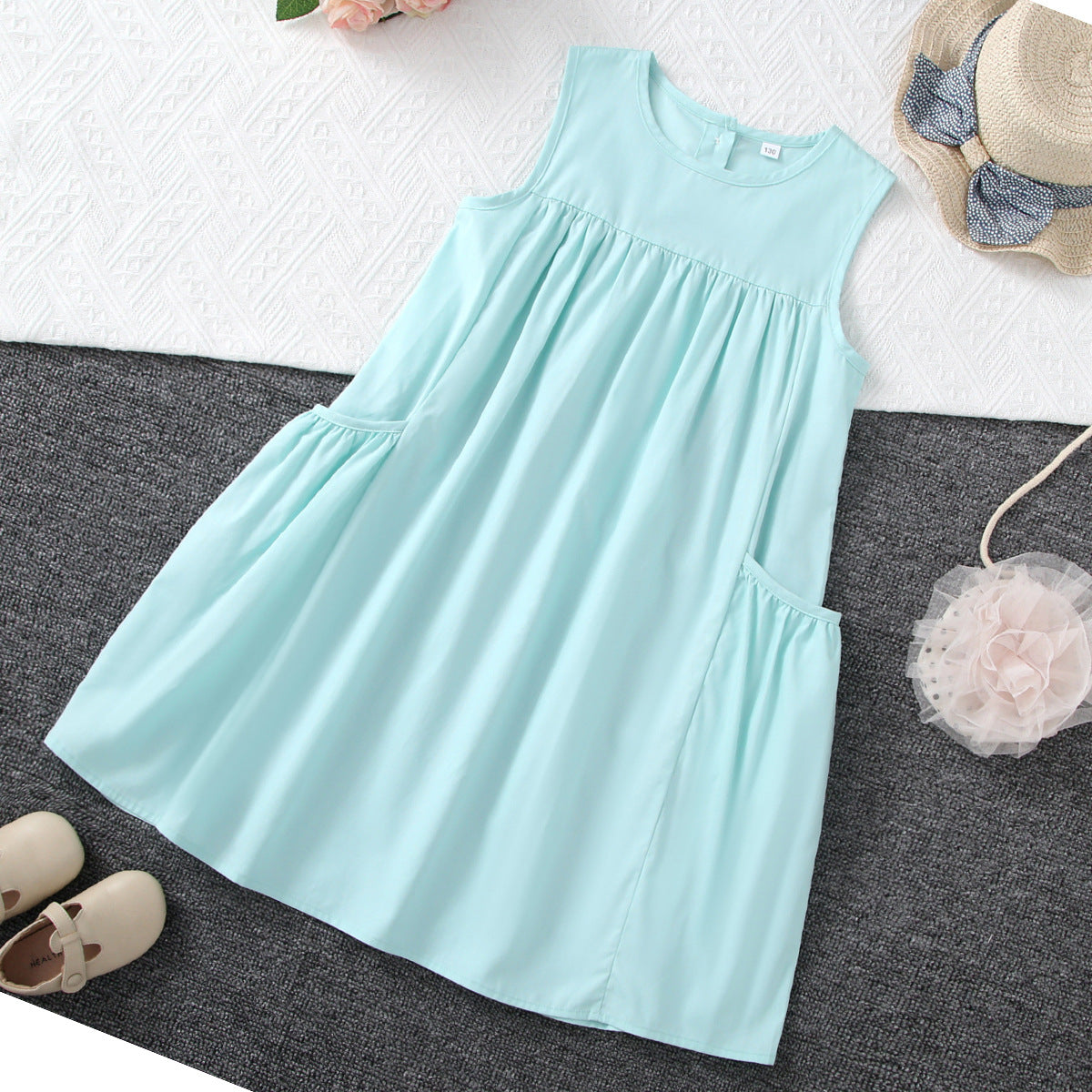 Fresh Mint Color Sleeveless Cotton Cool-Feeling A-Line Princess Dress