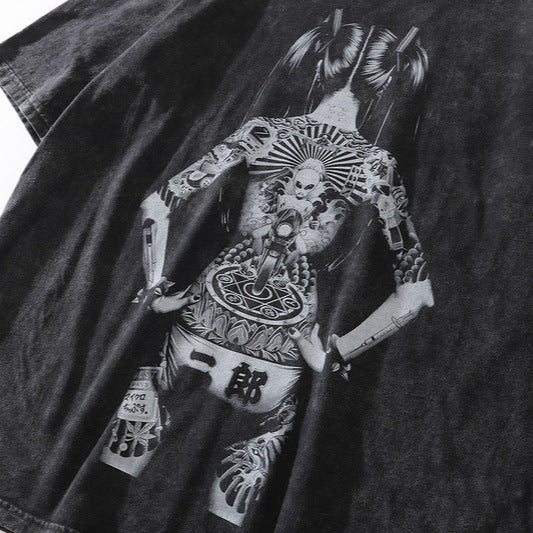 American Street Retro T-Shirt Japanese Ukiyo-e Tattoo Girl Short Sleeve Unisex Loose Trendy