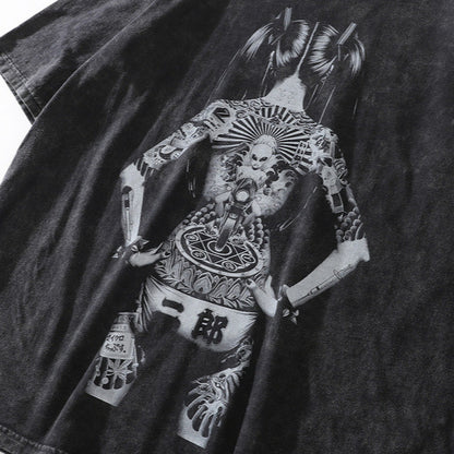 American Street Retro T-Shirt Japanese Ukiyo-e Tattoo Girl Short Sleeve Unisex Loose Trendy