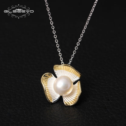 GLSEEVO 925 Sterling Silver Natural White Pearl Pendant Necklace Three Lerf Link Chain Necklace Kolye Bayan Bijoux Femme GN0011