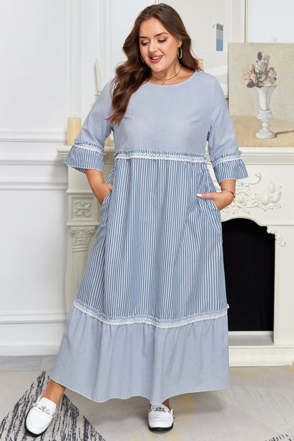 Sky Blue Stripe Crisscross Lace Detail Mixed Striped Patchwork Plus Size Shift Long Dress