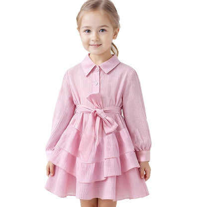 Ins Russian Girl Linen Fashion Ruffle Princess Dress JK Belted Elegant Turn-down Collar Dress