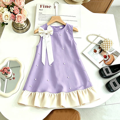 Charming Butterfly Knot Sleeveless Dress for Girls, Elegant Chic Style with Sparkling Rhinestones, Princess Dress, Summer Fashion Mini Dress