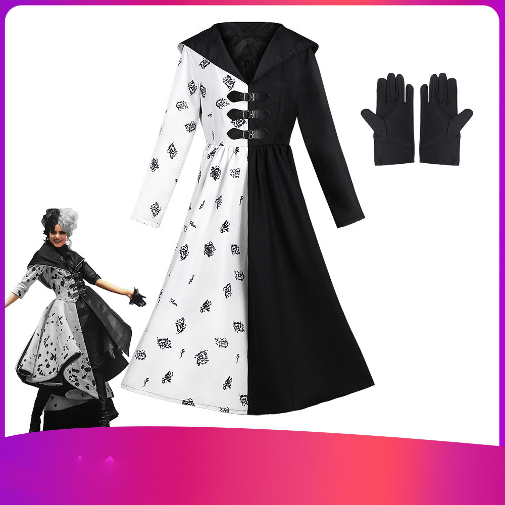 Halloween Movie 101 Dalmatians Cruella De Vil Black and White Dress Stage Performance Costume Cruella Cosplay Dress