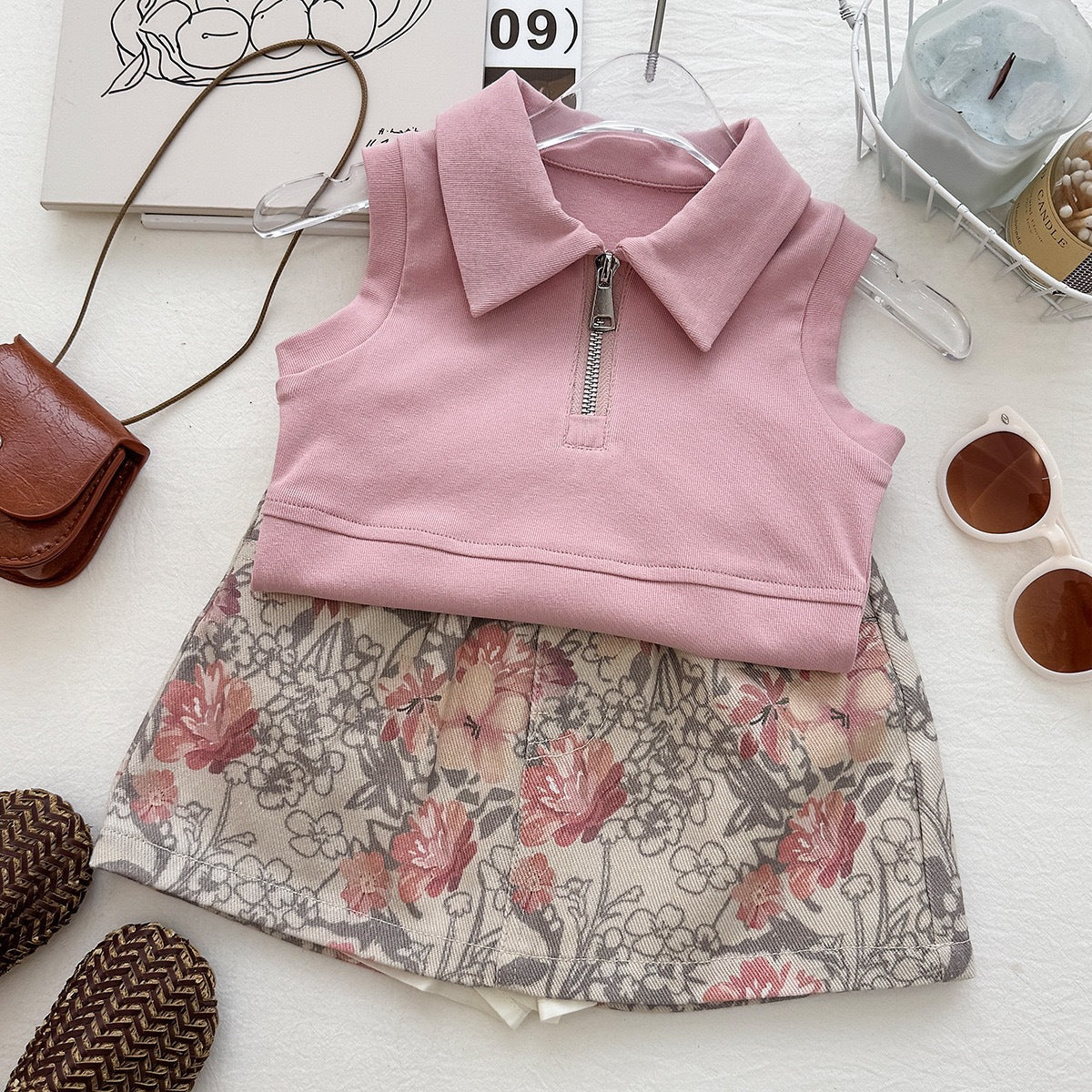 Casual Two-Piece Set for Girls Summer Floral Print Sleeveless Zipper Top and Skirt Pants Sporty Style Outfit