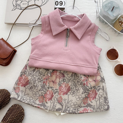 Casual Two-Piece Set for Girls Summer Floral Print Sleeveless Zipper Top and Skirt Pants Sporty Style Outfit