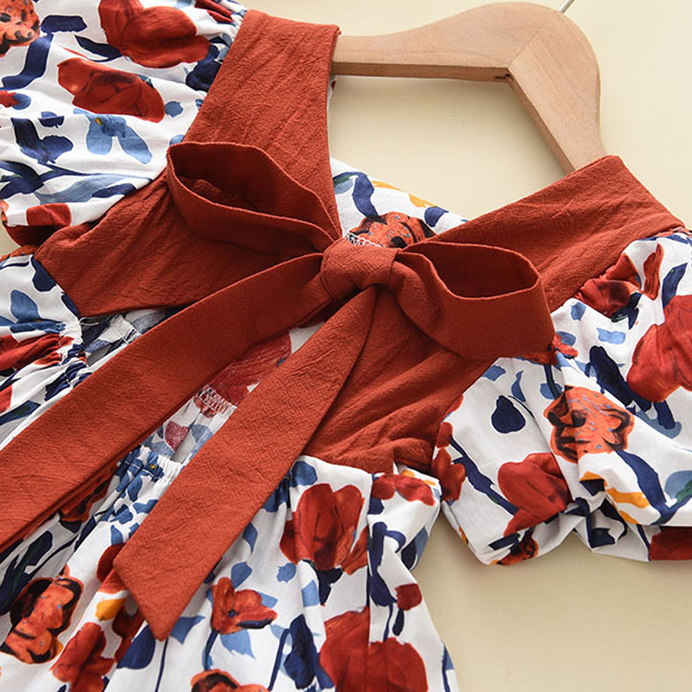 Children's Summer Girl Short Sleeve Dress with Backless Bow and Puff SleevesOil Painting Vintage Style Dress