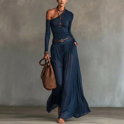 Fashionable Simple Solid Color Asymmetrical Shoulder Long Sleeve Casual Set with Belted Long Dress