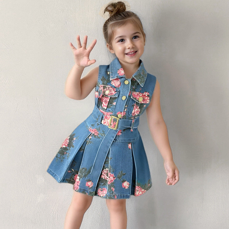 Girls' Sleeveless Denim Dress with Floral Print, High-Waisted Turn-Down Collar, Lightweight Backless Dress, Fashion Style