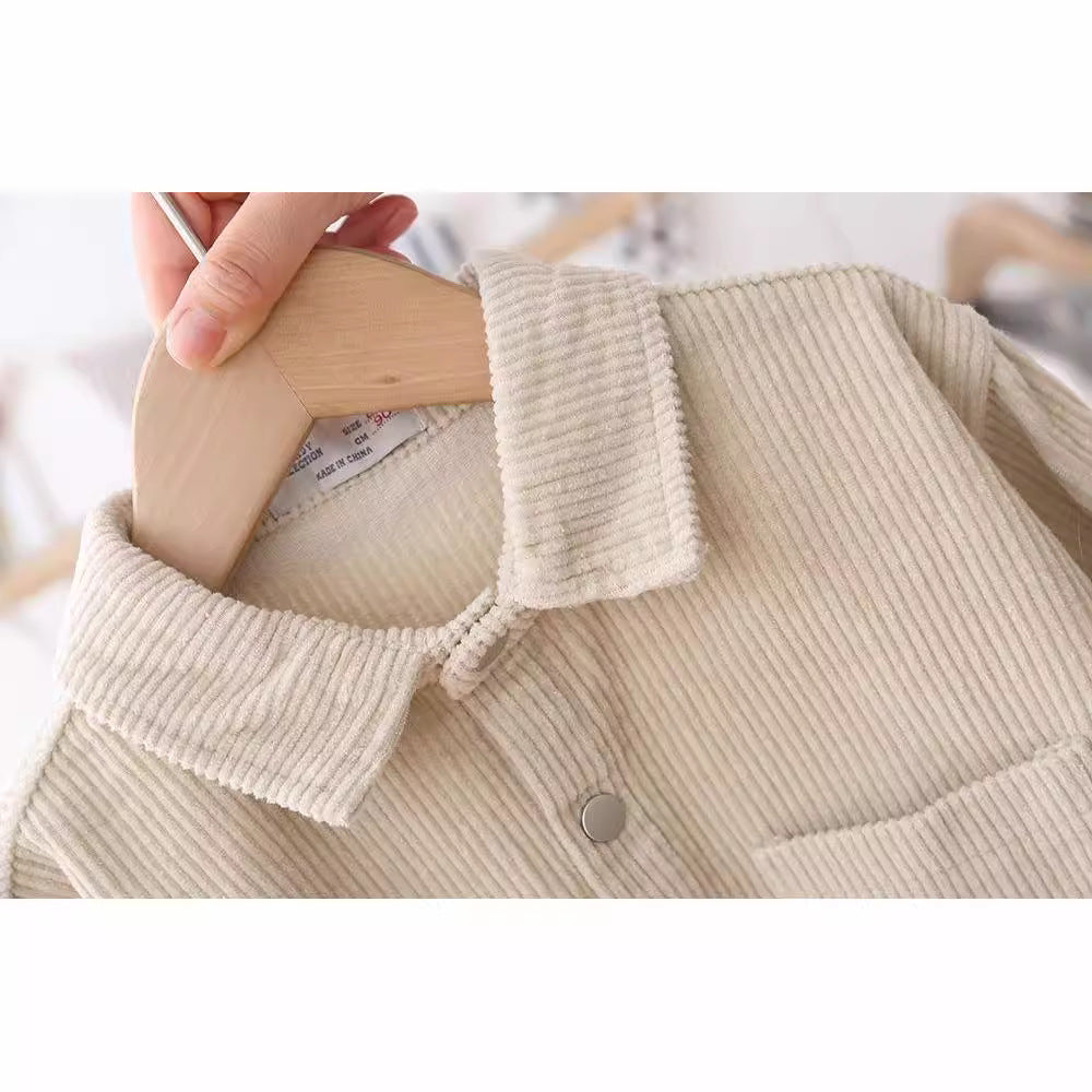 Elastic Corduroy Top with Color-Blocked Turn-Down Collar
