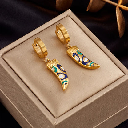Stainless Steel  New Enamel Horns Drop Earrings For Women Bijoux Accessories Brincos Des Boucles D'oreilles