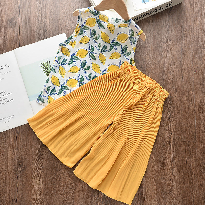 Korean Style Summer Lightweight Chiffon Sleeveless Blouse with Bow + Wide-Leg Pants Two-Piece Set for Kids